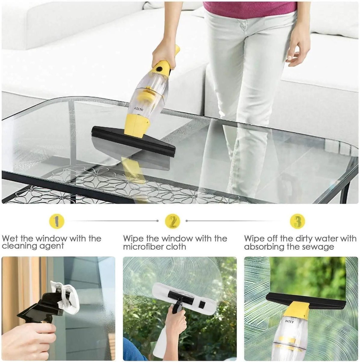 Nique Ruitenreiniger - Ramenwasser telescopisch - Ramenwisser - Ramenwasser met steel - Elektrische ruitenreiniger - Met spuitfles - 28 cm mes - Geschikt Voor tafel, tegels, spiegels en glas - Geel