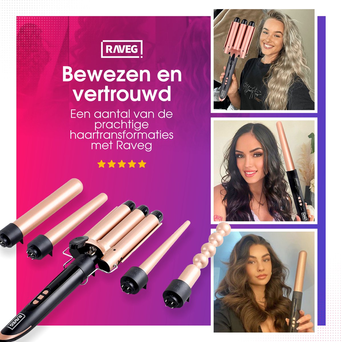 Keramische krultang met opzetstukken Wafeltang Waver Golvenkrultang - Curling Iron - 9 tot 32mm - Meerdere kleuren - RAVEG