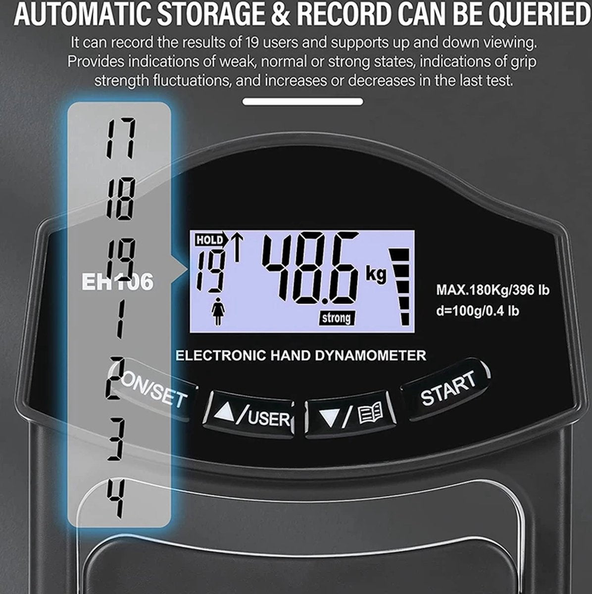 Digitale handdynamometer tot en met 396 lbs/180 kg - Gripsterktetester - USB en batterij - LCD-scherm handgreep - Innovatief - Persoonlijke records bijhouden - Vingerkrachttraining - Handtrainer