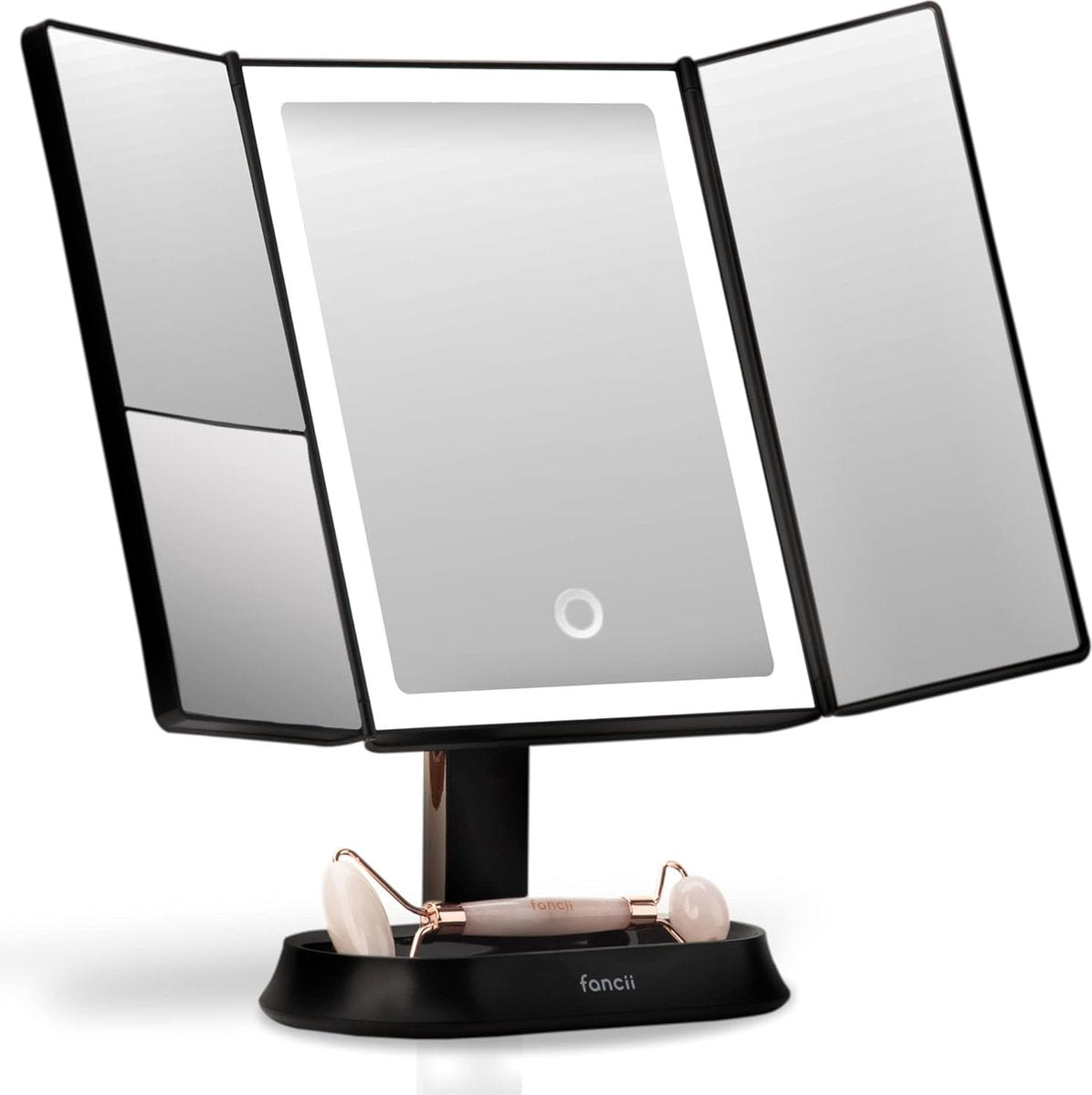 Makeup Mirror with Natural LED Light and 5x & 7x Magnification - Three-Sided Makeup Mirror with Dimmable Lighting Touch Screen Stand - Sora (Black)