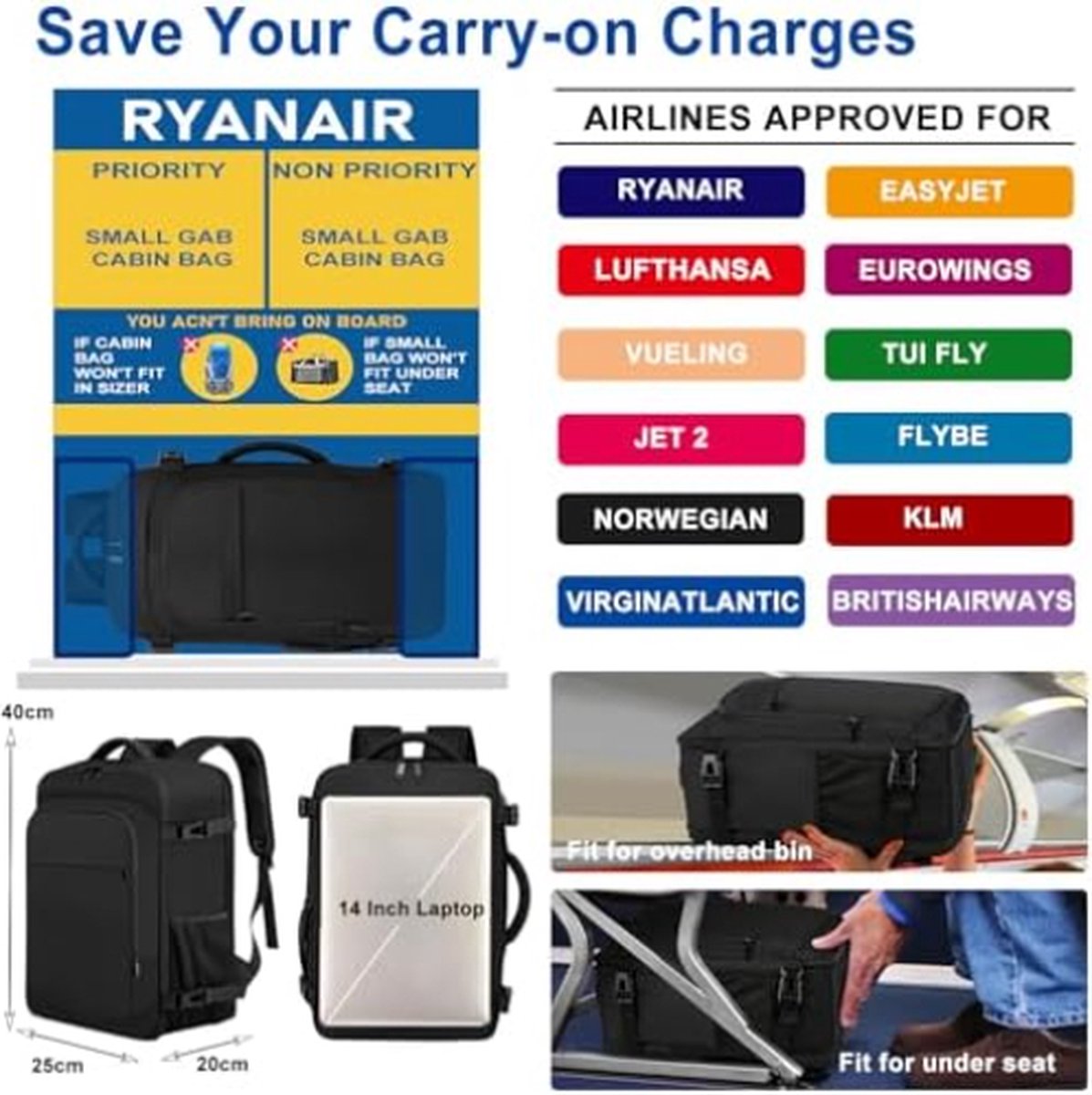 Handbagage - 40x20x25 - Ryanair - Rugzak voor Handbagage - Vliegtuig - 20L - Compacte Reisrugzak - Onder Stoel - Reistas - Weekendtrip - Korte Reis - 14 Inch Laptop Rugzak - Voor Heren en Dames - Zwart