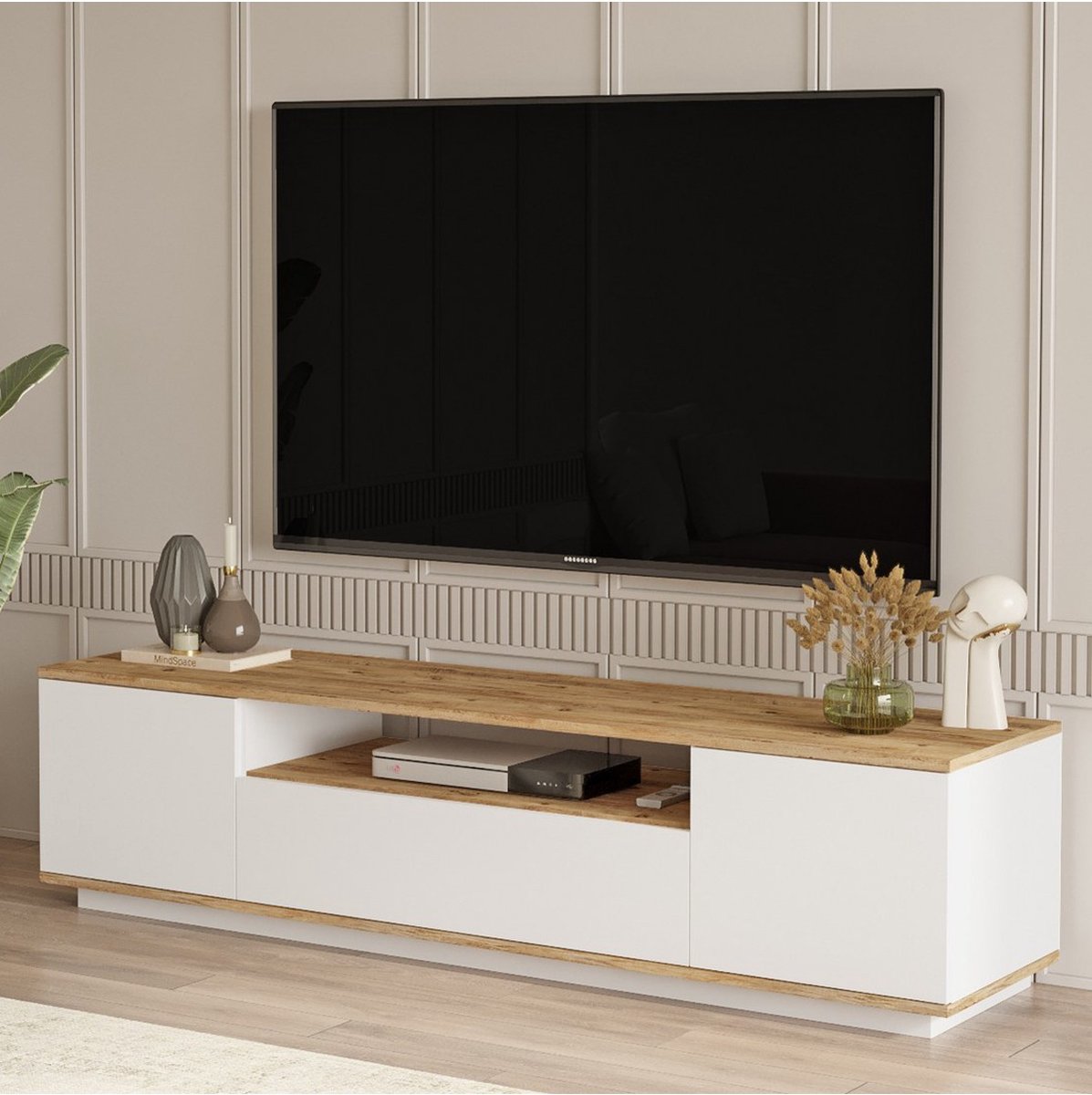 TV meubel wit met hout - eiken & wit - 180x44,6x44,5cm - tv-meubel hout - tv-meubel wit