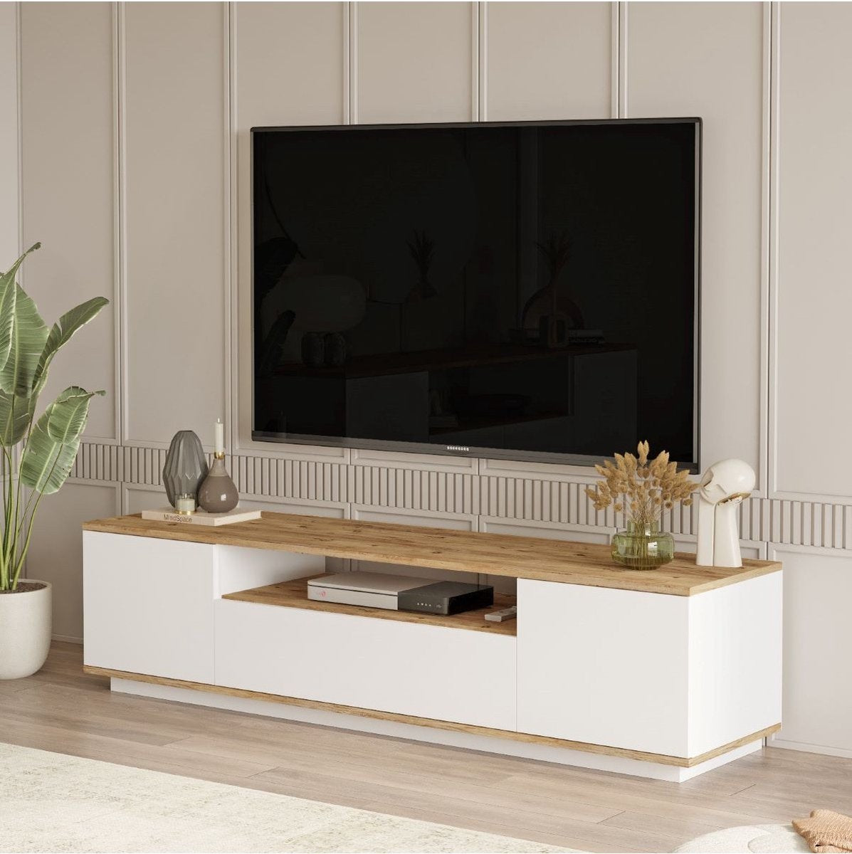 TV meubel wit met hout - eiken & wit - 180x44,6x44,5cm - tv-meubel hout - tv-meubel wit