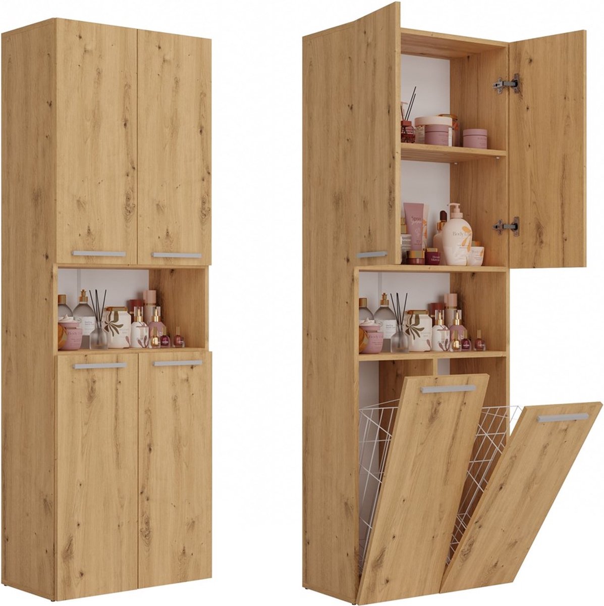 Bathroom cabinet Storage cabinet With 2 laundry baskets - Oak - Column cabinet