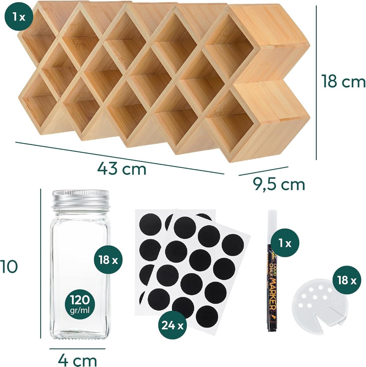 Kruidenpotjes met Stickers - Gadgy Kruidenrek Staand - Glazen Potjes met Deksel - Kruidenrekje Bamboe - Set inclusief Rekje - Kruidenstrooier - Stickers - Strooideksel - Stift