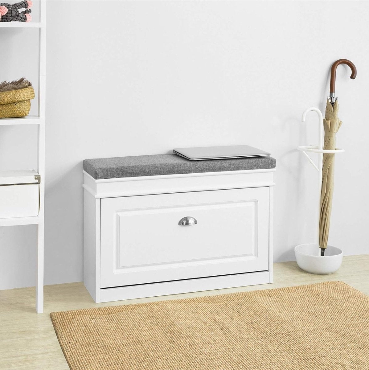 Shoe Bench with Seat Cushion - Shoe Cabinet - Practical Storage Compartment - 2 Tiers - Hallway Furniture - White - Beautiful Design - Stenberi
