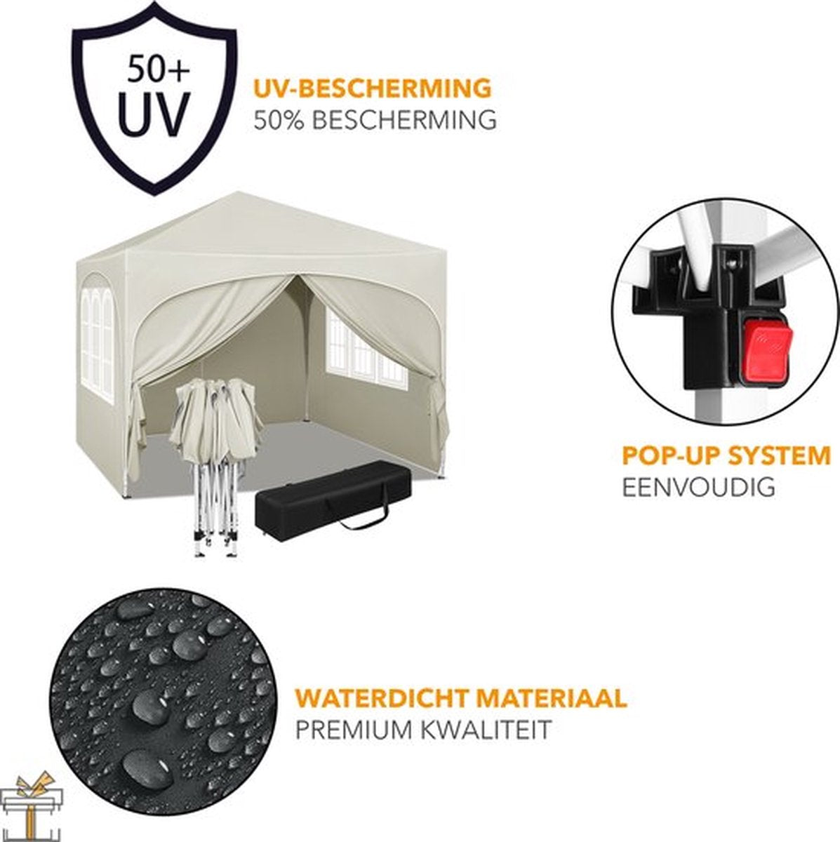 vanBoni - Partytenten - Opvouwbare Partytent - Easy Up Partytent met zijwanden - Waterdicht en Weersbestendig - 3x3 m - Beige
