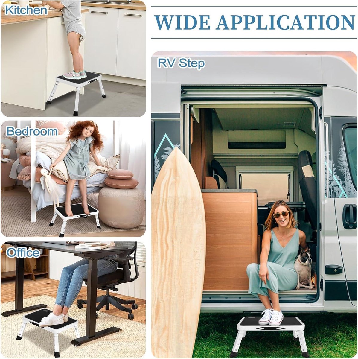 Step stool 3-step height adjustable - anti-slip platform - foldable - office kitchen bedroom - 25 x 38 cm - white