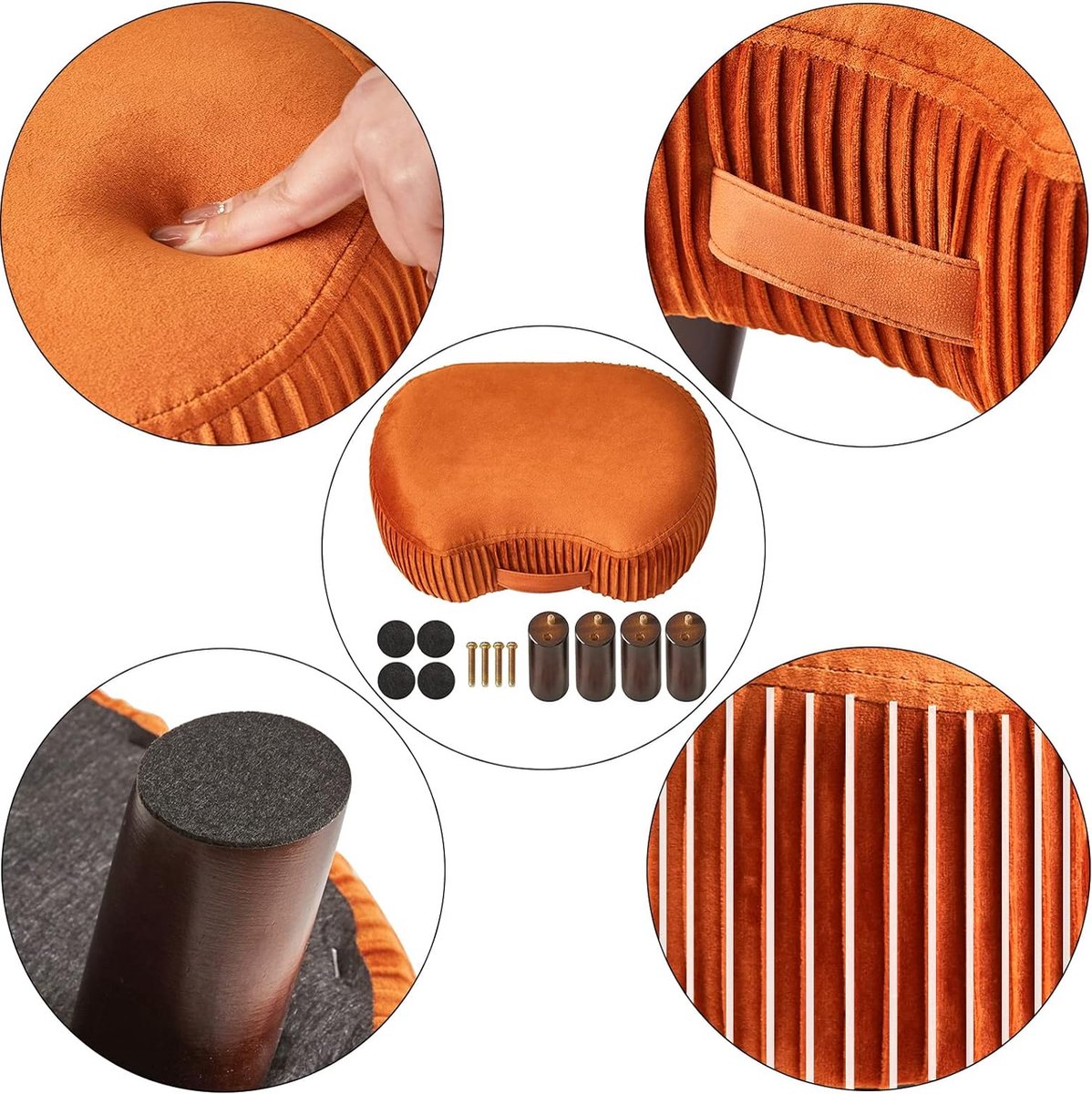 Footstool, bench with handle, curved step stool with soft seat cushion, velvet padded stool, solid wood, for living room, children's room, 40 x 28 x 23 cm, orange