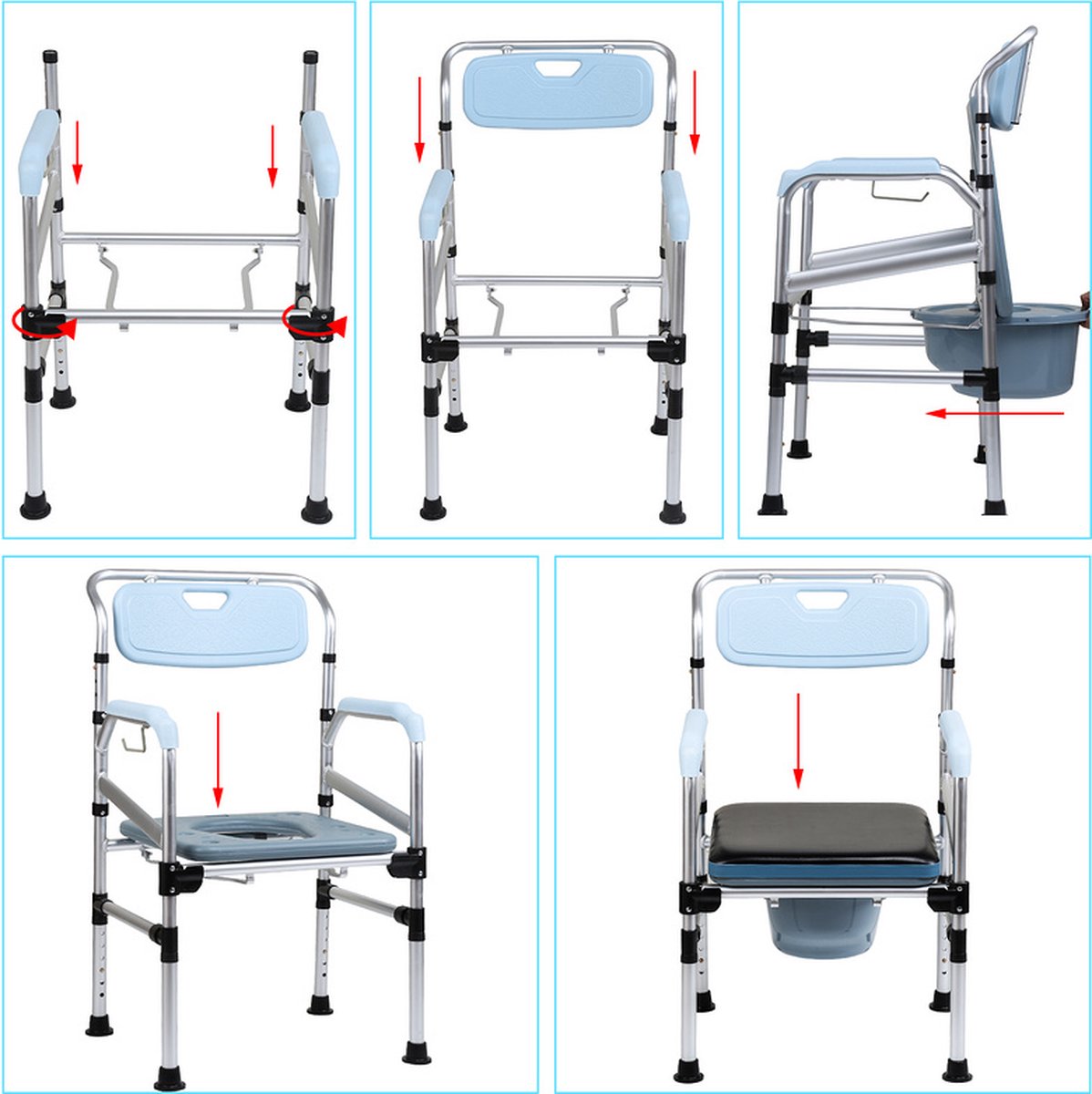 Commode Stoel Hoogte verstelbaar - Toilet hulpmiddel incl. gestoffeerde zitting en toiletemmer - Po stoel Ergonomisch - WC stoel Draagvermogen tot 160 kg