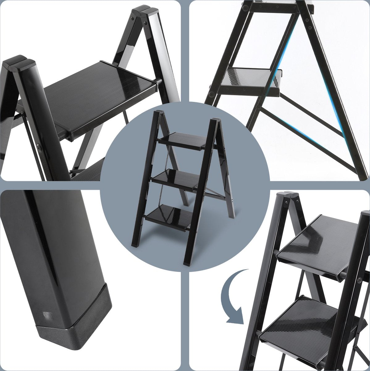 Stepladder Folding Ladder 3 Steps Kitchen Step Stool Foldable - Anti-Slip - Step Ladder Alu Black