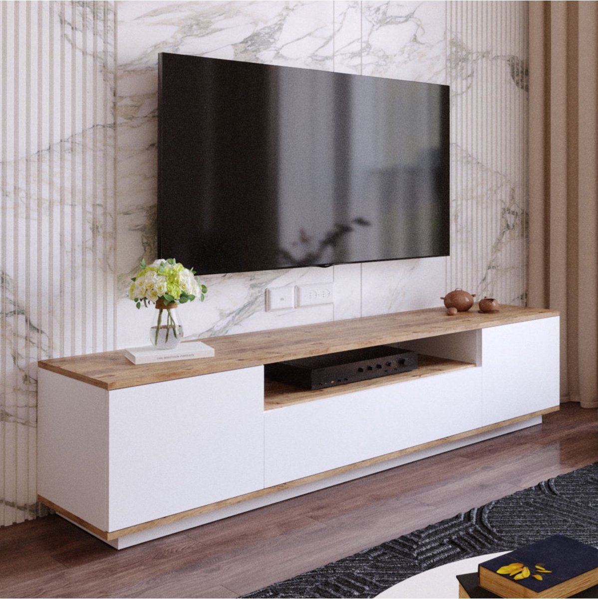 TV meubel wit met hout - eiken & wit - 180x44,6x44,5cm - tv-meubel hout - tv-meubel wit