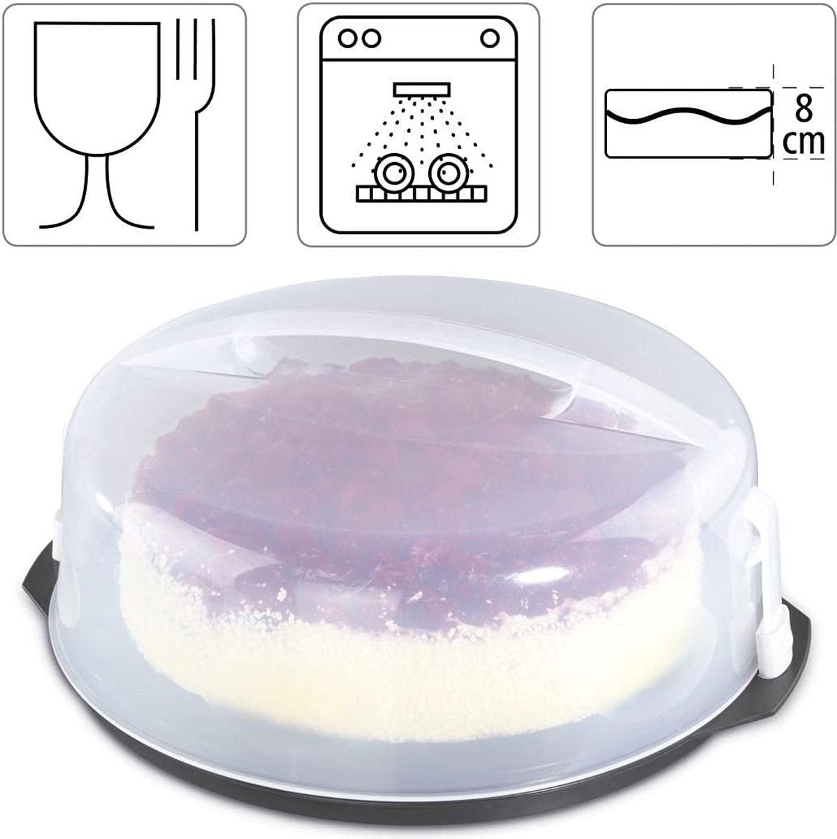 cirkelvormige taartkoepel met deksel (taartvorm Ø 28,5 cm, binnenhoogte 8 cm, taartdoos met verdeler, afzuigkap en serveervakken, party- en taartbutler) antraciet