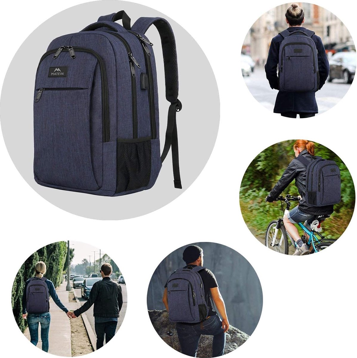 MATEIN Laptoptas voor heren, school, werk, USB-oplaadpoort, multifunctioneel, anti-diefstal, zakelijke reisrugzak, waterdichte schoolrugzak, 15,6 inch laptoprugzak