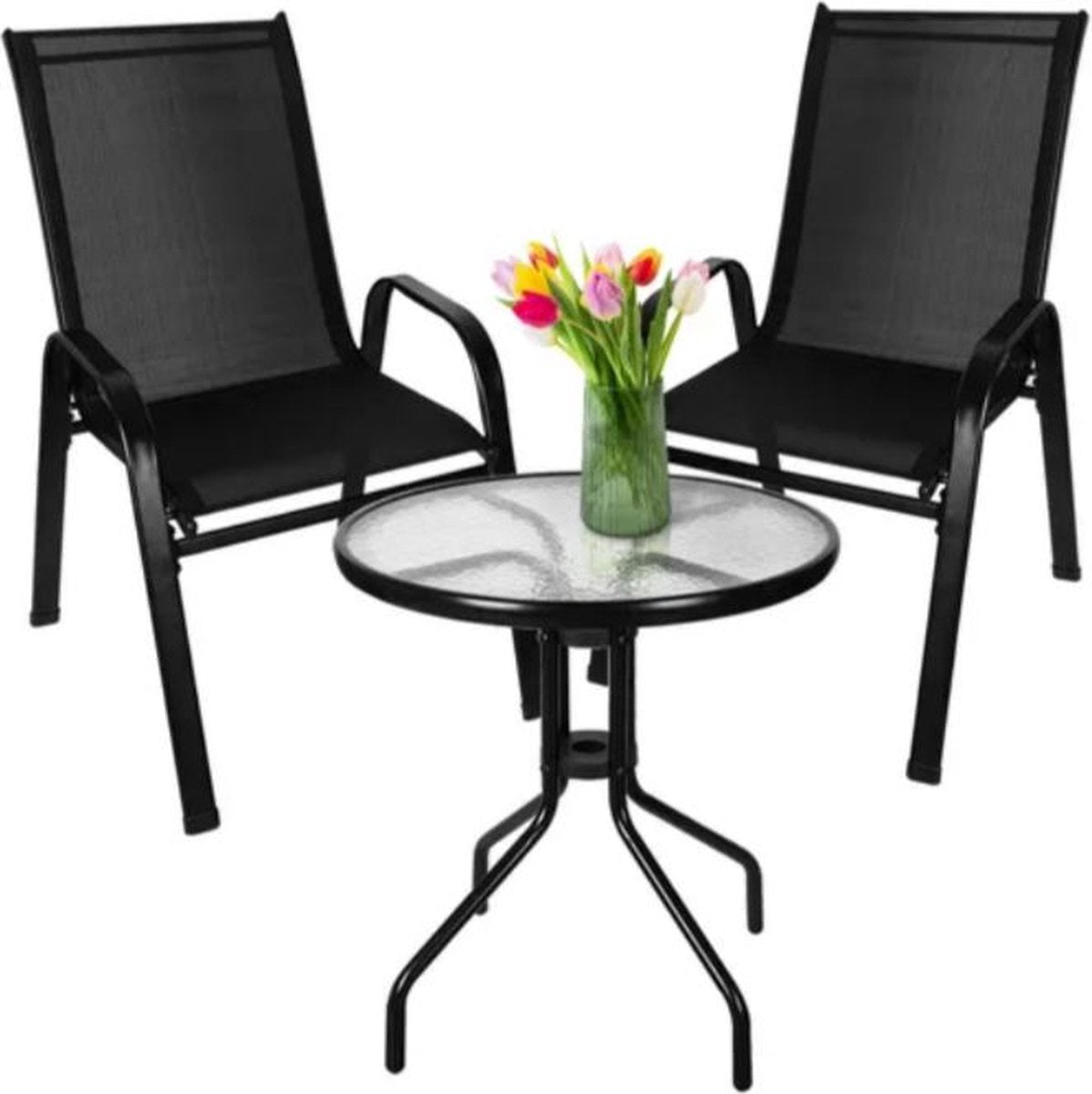 Bistroset - Tuinset - Balkonset - Tuinset 2 personen - Zwart - 3-delig - Tuintafel en 2 stoelen - 2 personen - Gecoat staal - Onderhoudsvrij staal - Patio tuinset - Kleine tuinset - Balcony set - Lounge set