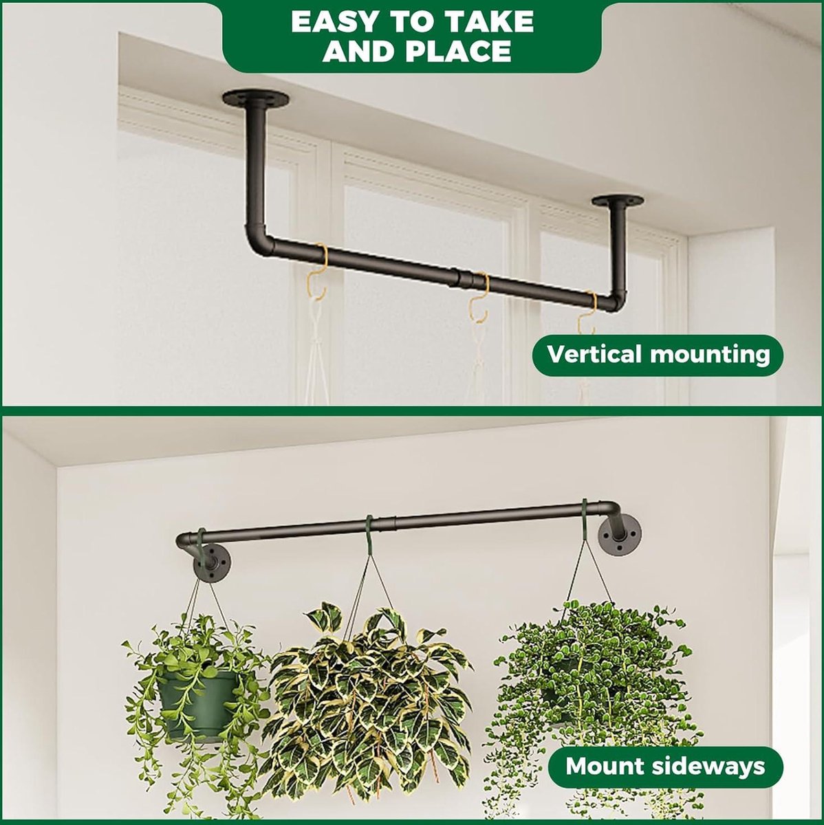 Plantenhanger - Plafondhanger hangende plantenbak zwart metalen staaf binnen raam bevestiging