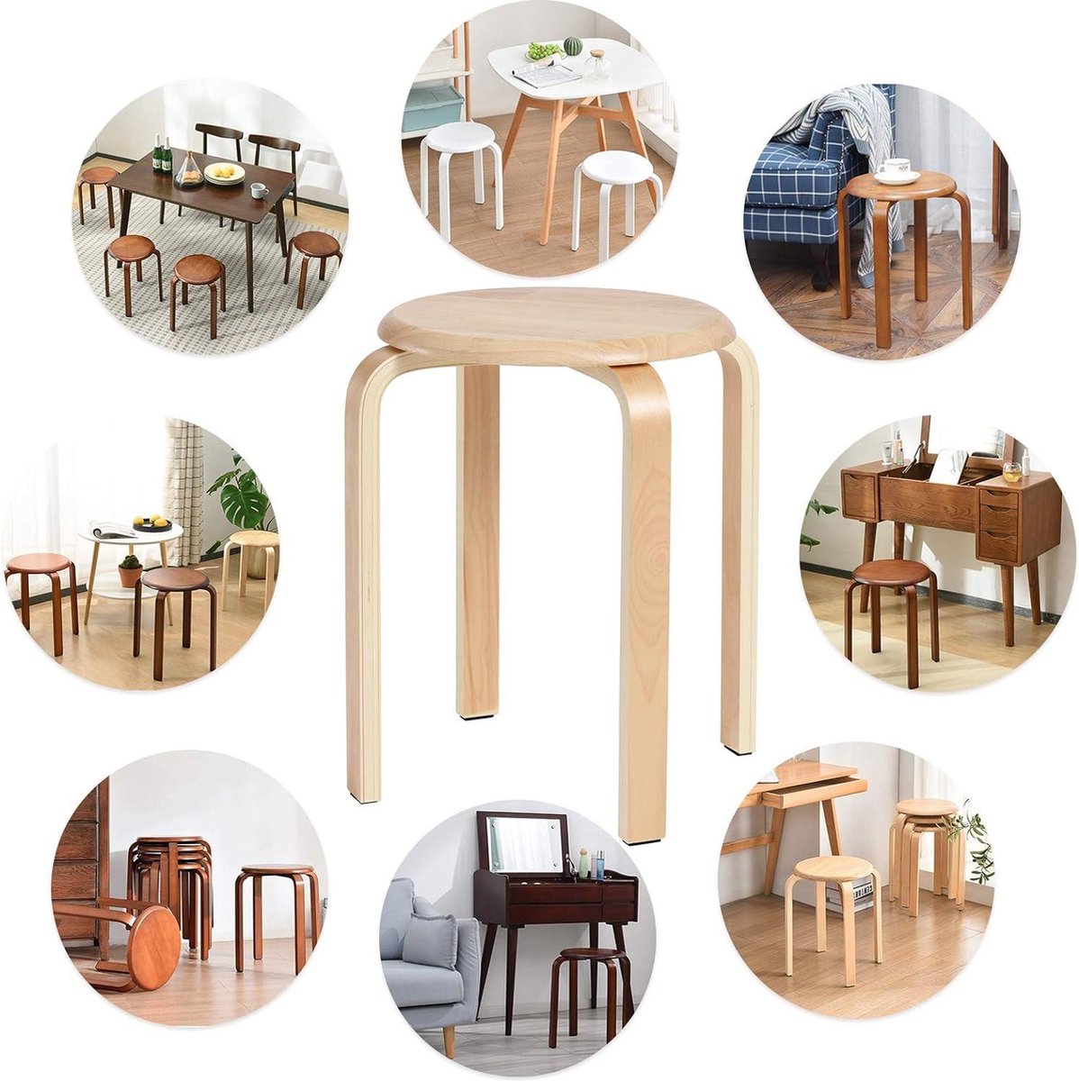 Stapelbare eetkamerstoel/barkruk van massief hout - gladde stoelen voor woonkamer en keuken - natuurlijk hout - 40x33x44cm RF-752 pop up stool