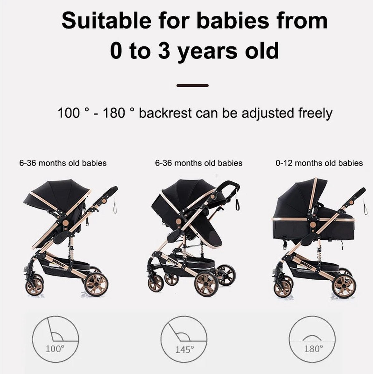 kinderwagen 3 in 1 - babywagen - opvouwbaar - Incl. draagbare reiswieg + autostoel - omkeerbare hoge zitplaats - verstelbare zonnescherm luifel - t/m 3 jaar - Kleur Zwart - schokabsorberende dempers