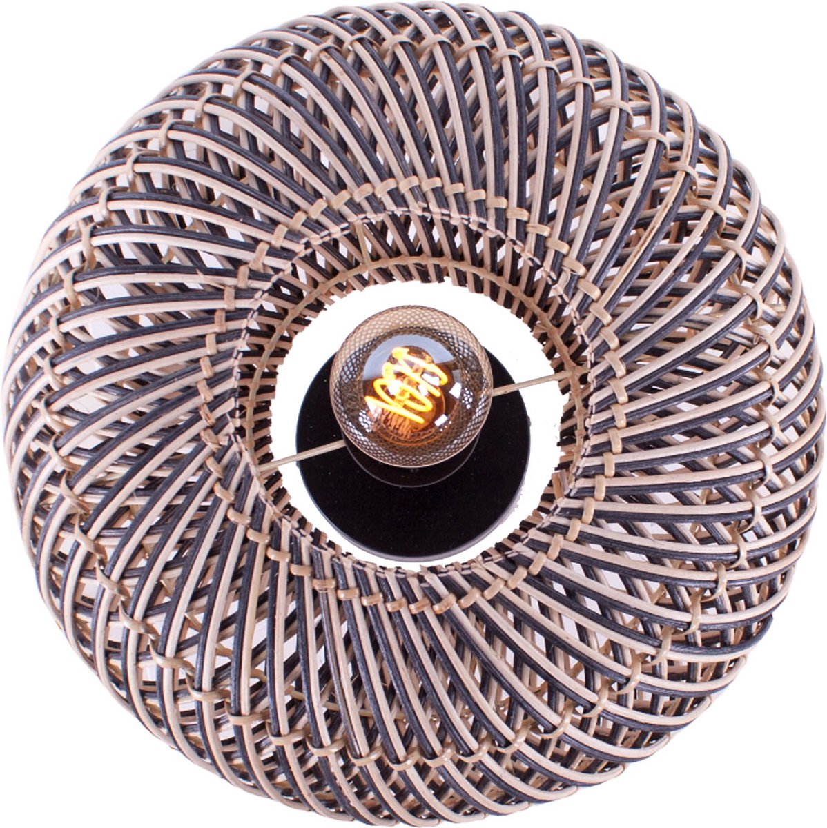 Rotan plafondlamp Stripes | 1 lichts | zwart / naturel | rotan / metaal | Ø 30cm | eetkamer / eettafel / woonkamer lamp | modern / landelijk design
