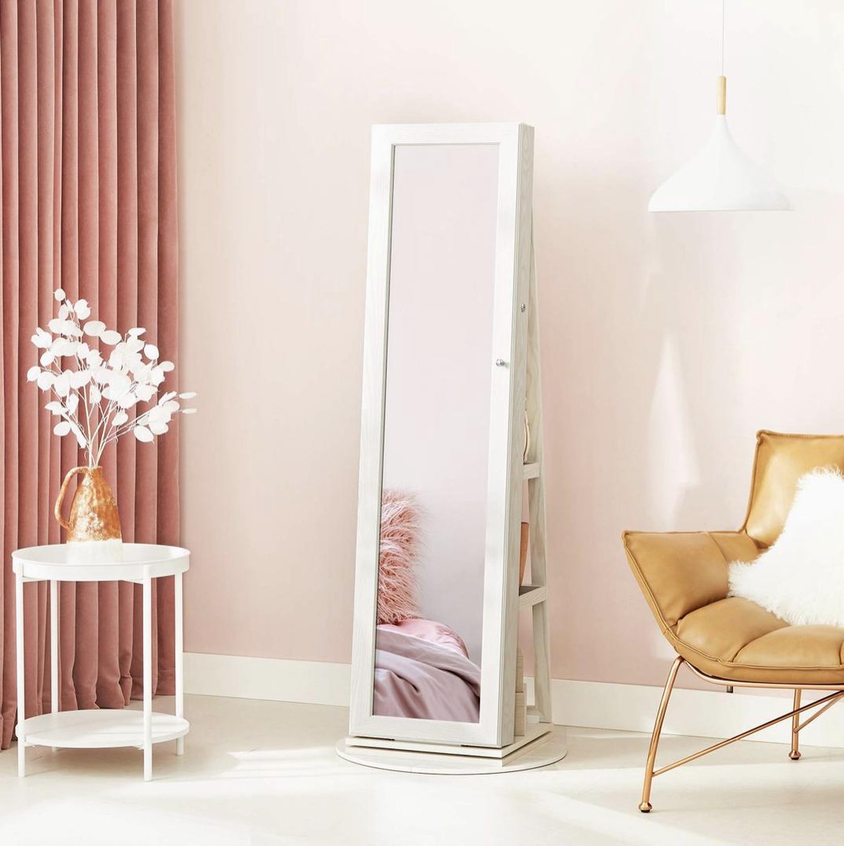 Jewellery cabinet with 160 cm high mirror, lockable, 360° rotatable with ladder rack JBC62W