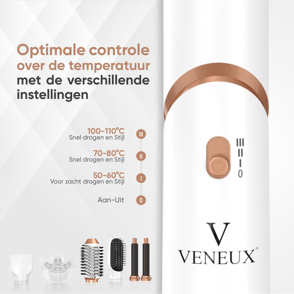 VENEUX® 6-1 Föhnborstel - Airstyler - Krulborstel - Wit / Goud - Krultang