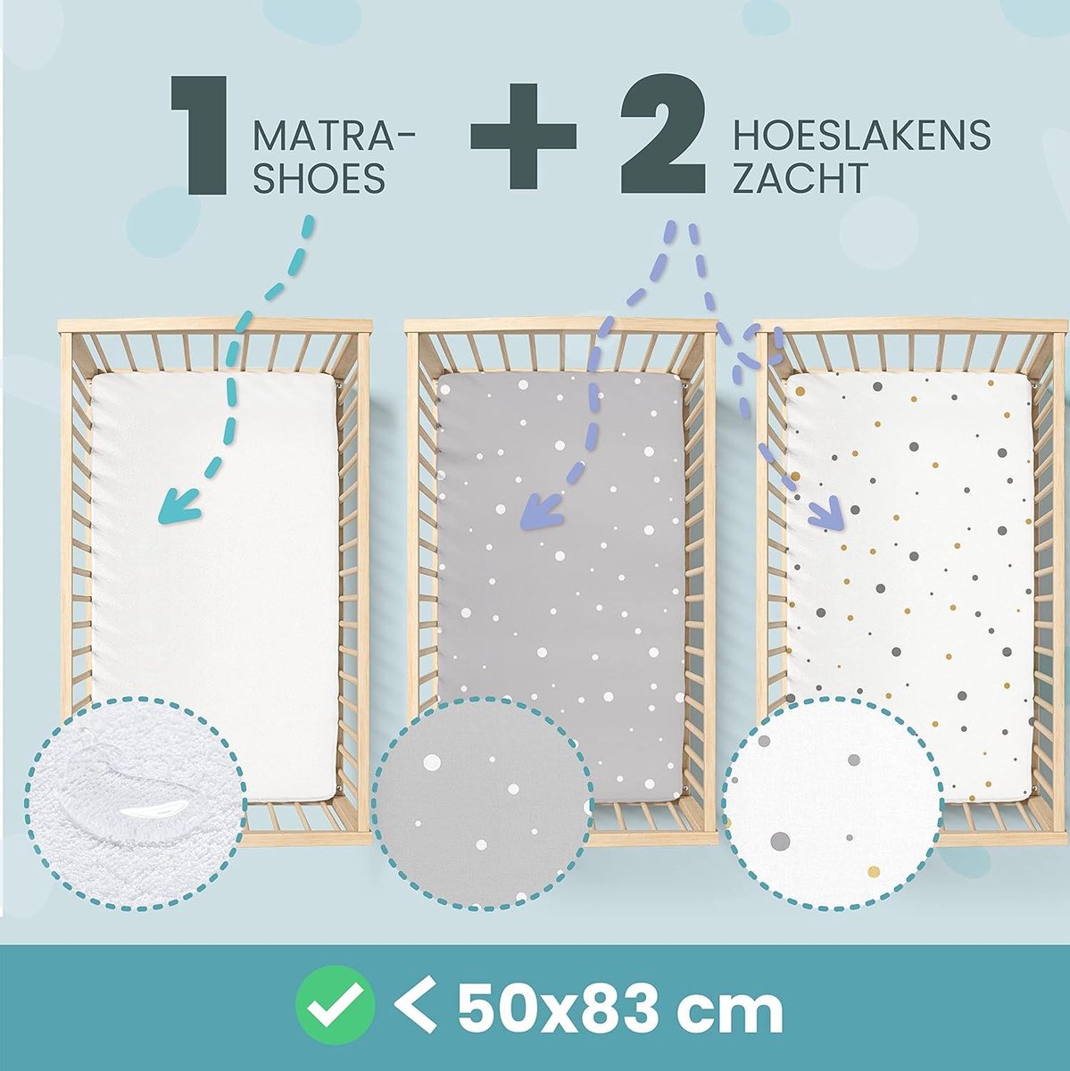 Hoeslaken Set voor Co-sleeper - Waterdichte Matrashoes - 3-in-1 - 50x83 cm - Wiegjes Ledikanten - Meisje Jongen - Grijs Patroon Co-sleeper