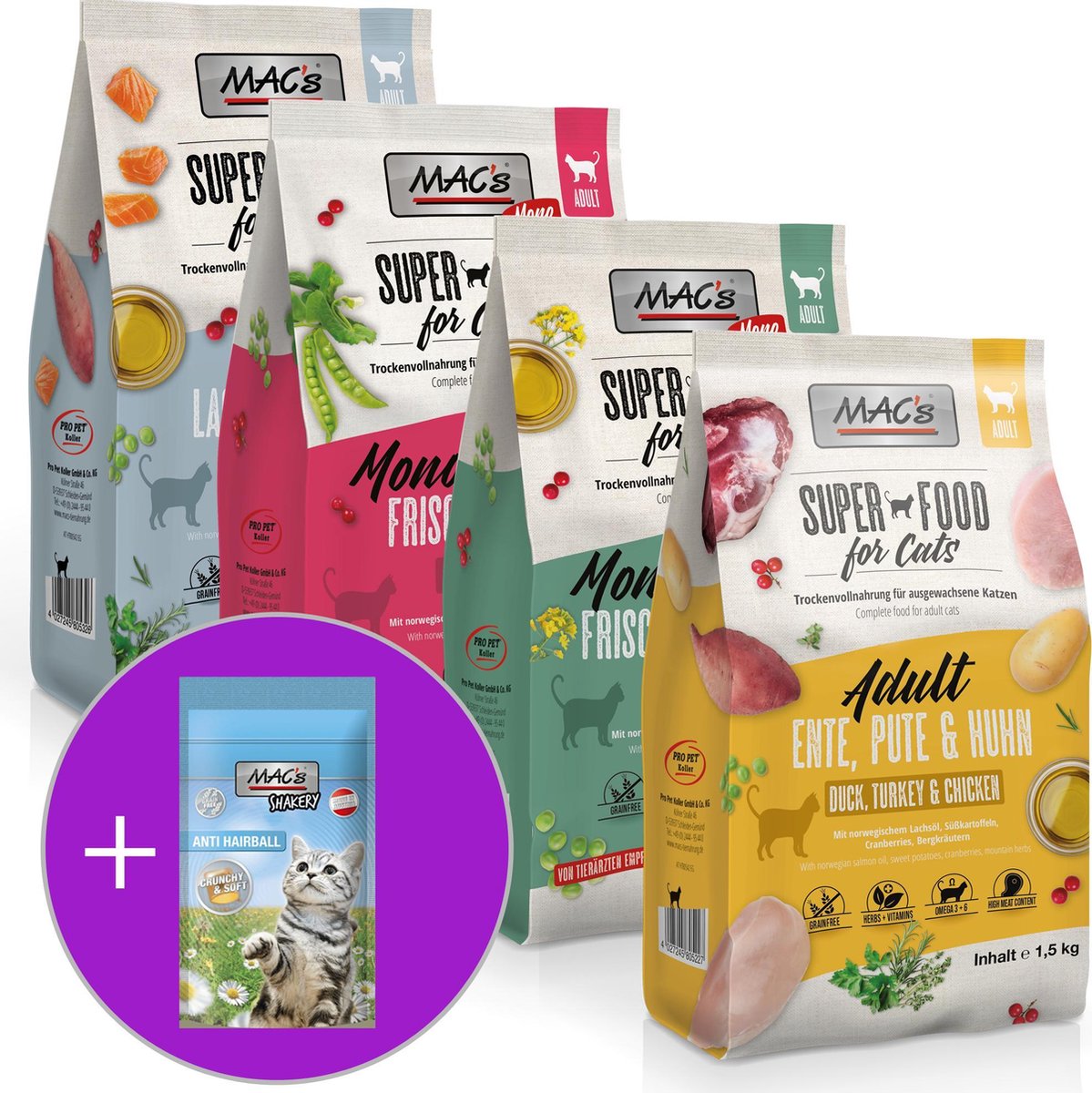 MAC's Superfood Kattenvoer mixpakket 4 x 1,5 kg + MAC's kattensnoepjes