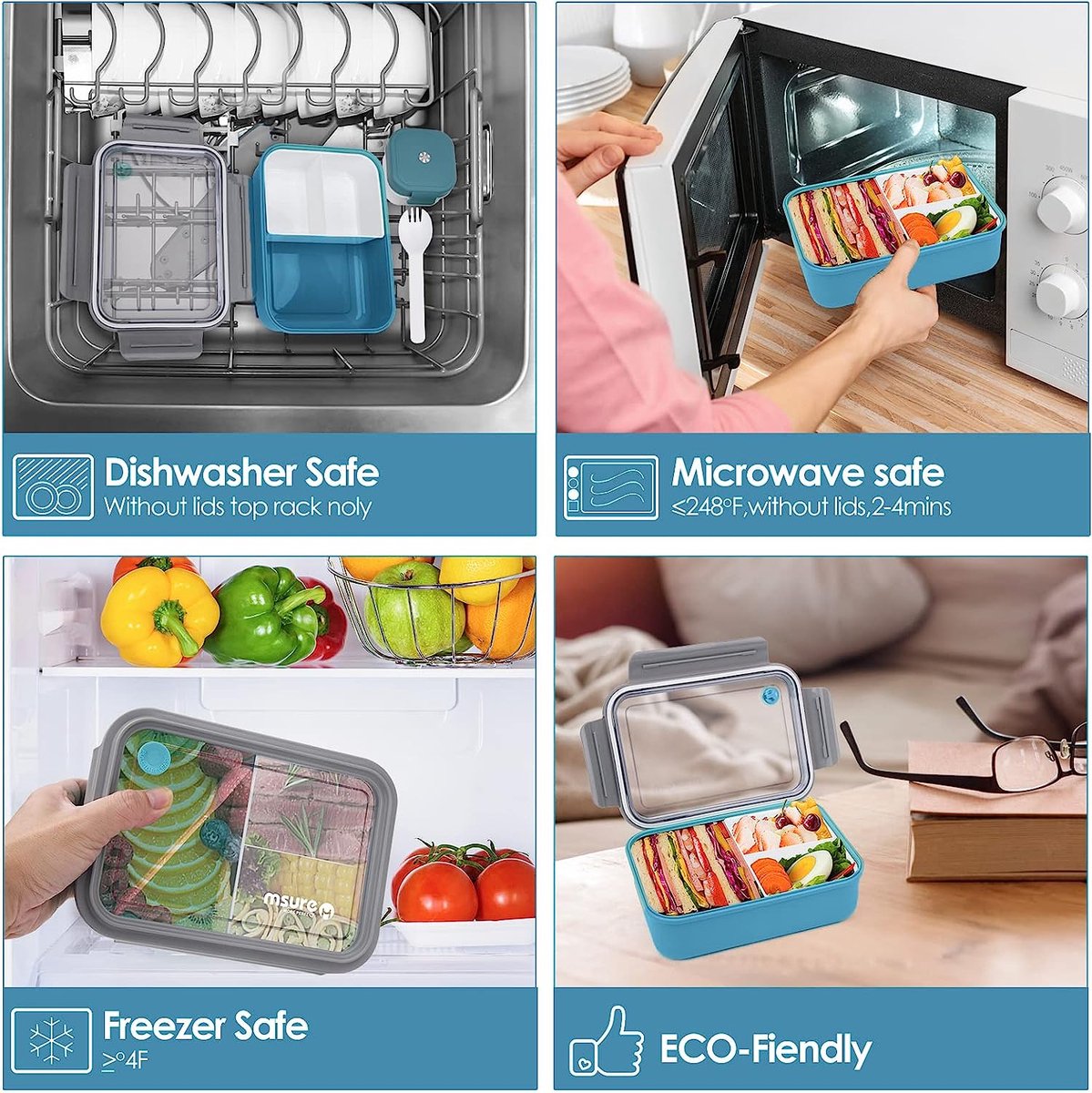 Broodtrommel met vakken, 1500 ml, lunchbox voor volwassenen/kinderen, snackdoos met bestek en klein blikje, lekvrije broodtrommel met onderverdeling, bentobox voor school, werk, picknick, reizen (blauw)