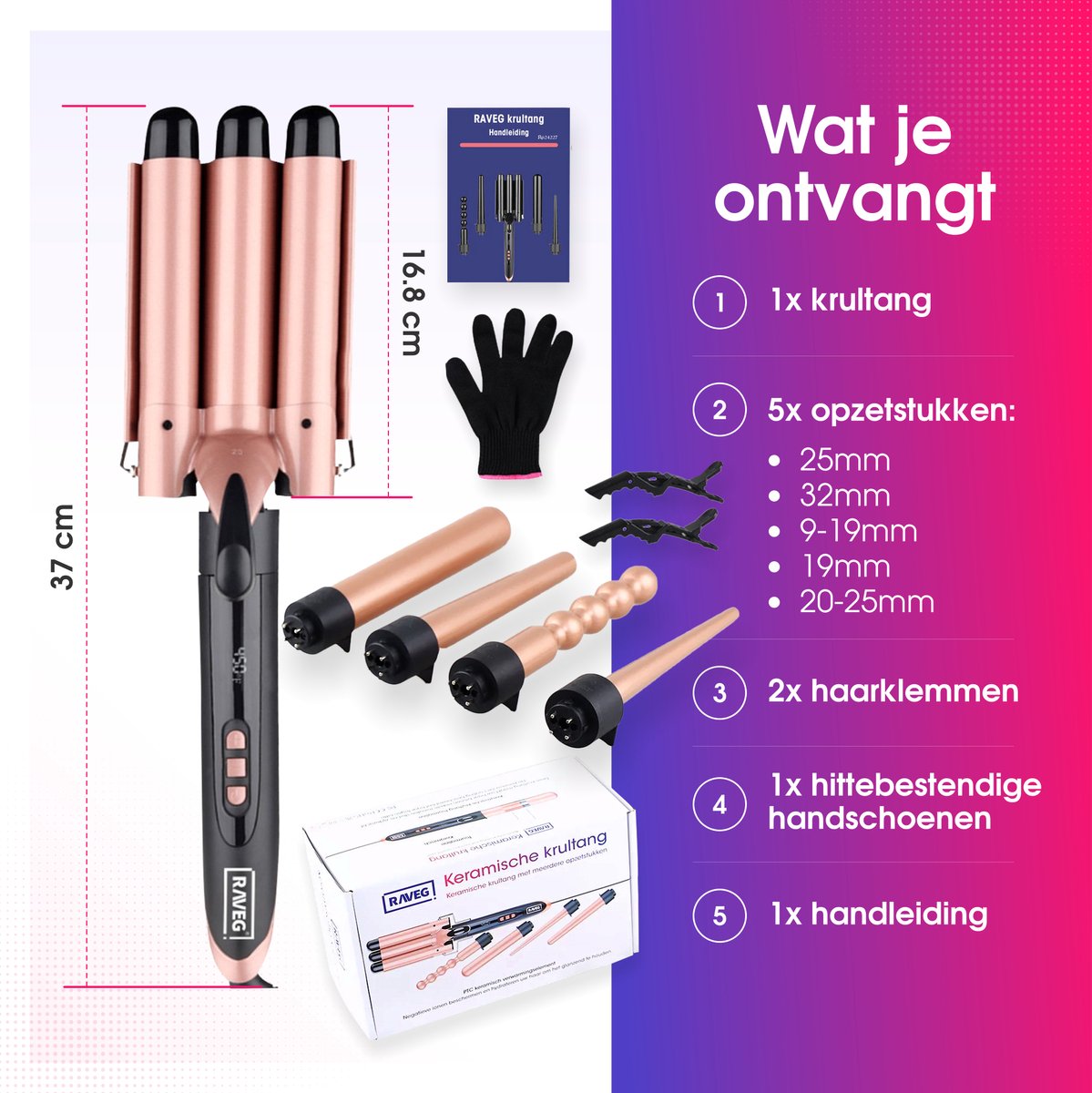 Keramische krultang met opzetstukken Wafeltang Waver Golvenkrultang - Curling Iron - 9 tot 32mm - Meerdere kleuren - RAVEG