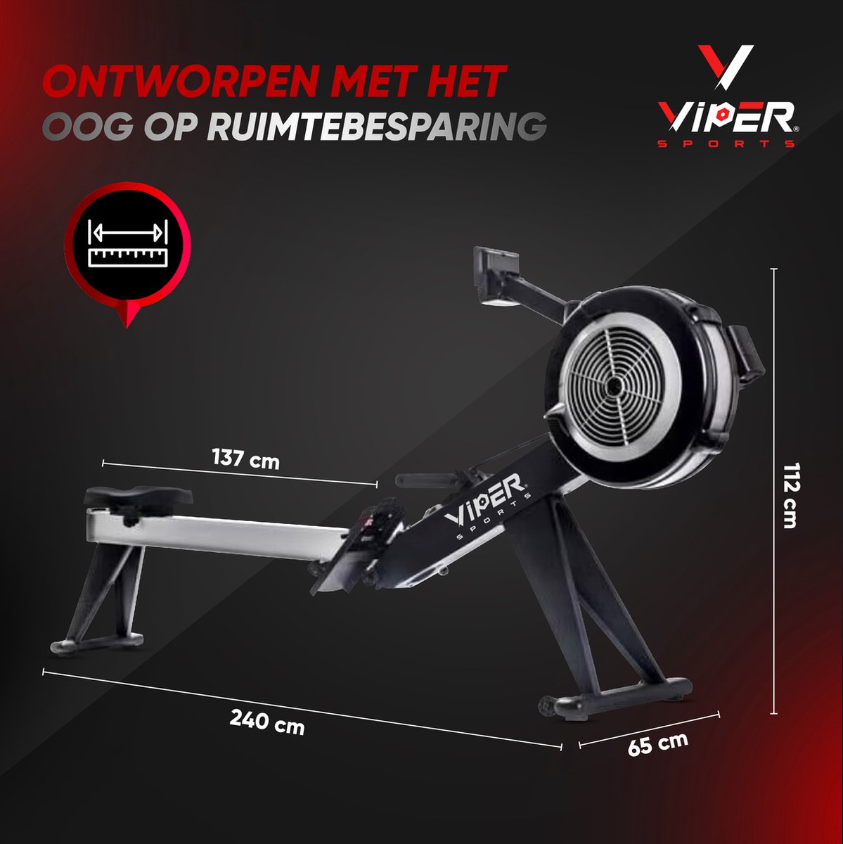 Viper Sports ViperRow – Roeitrainer – 238 x 65 x 112 cm – Roeimachine – Windweerstand - Opvouwbaar - 10 Niveaus - Zwart/Zilver