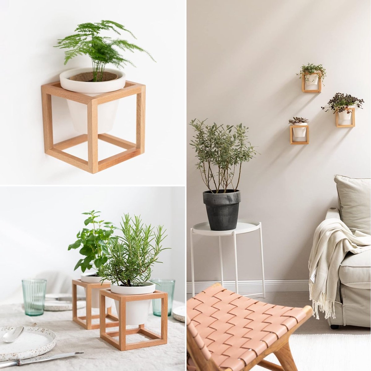 Wall vases - for wallflowers, small wall plants, wall flower - Hanging flower pots in real wooden frame - 3-piece set of ceramic and wood - brown - Modern wall decoration for living room