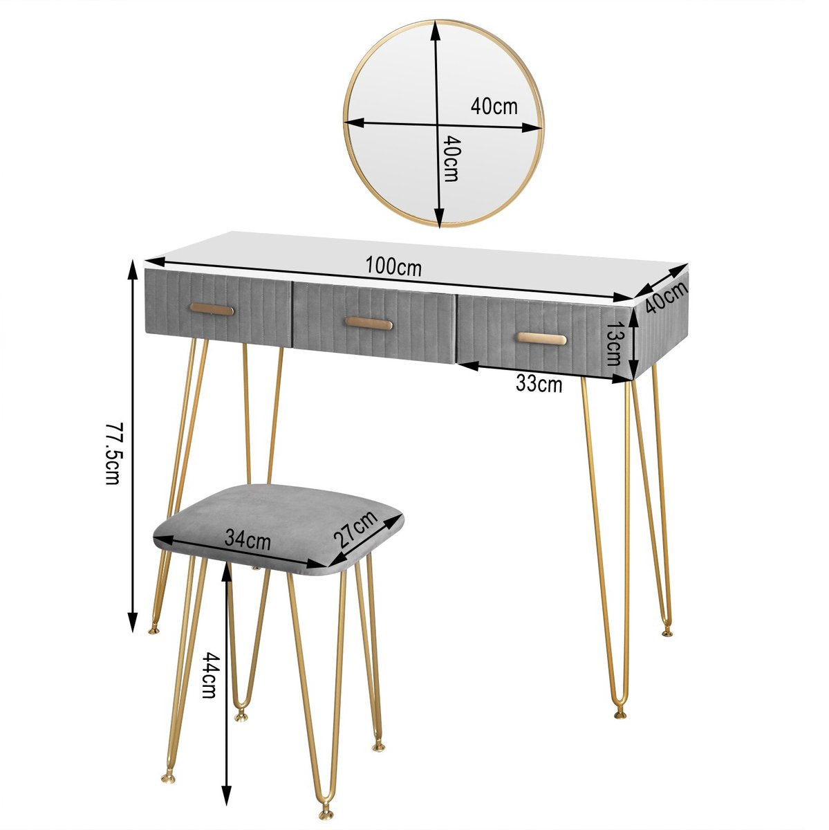 Make-up Tafel - Kaptafel - Met Spiegel - Dressoir - Luxe Kaptafel - Slaapkamer - Moderne look - Grijs/goud
