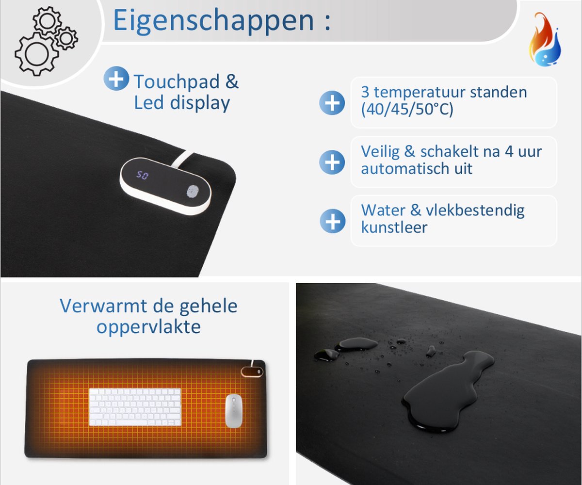 Gothermo® Verwarmde infrarood bureauonderlegger zwart / muismat / bureauverwarming / verwarmingsmat / bureaumat - 80x33cm - touchpad met verstelbare temperaturen - warme handen en voeten