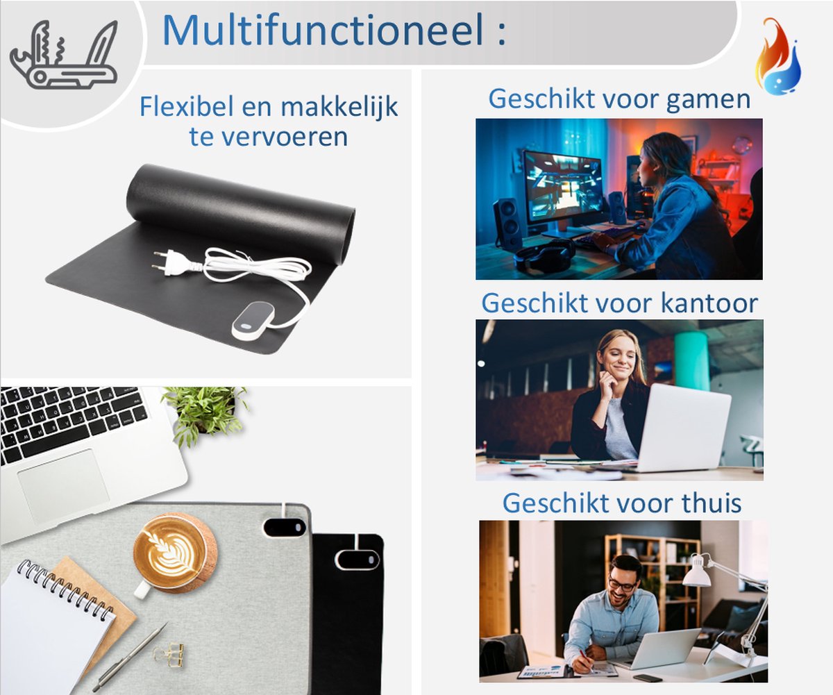 Gothermo® Verwarmde infrarood bureauonderlegger zwart / muismat / bureauverwarming / verwarmingsmat / bureaumat - 80x33cm - touchpad met verstelbare temperaturen - warme handen en voeten