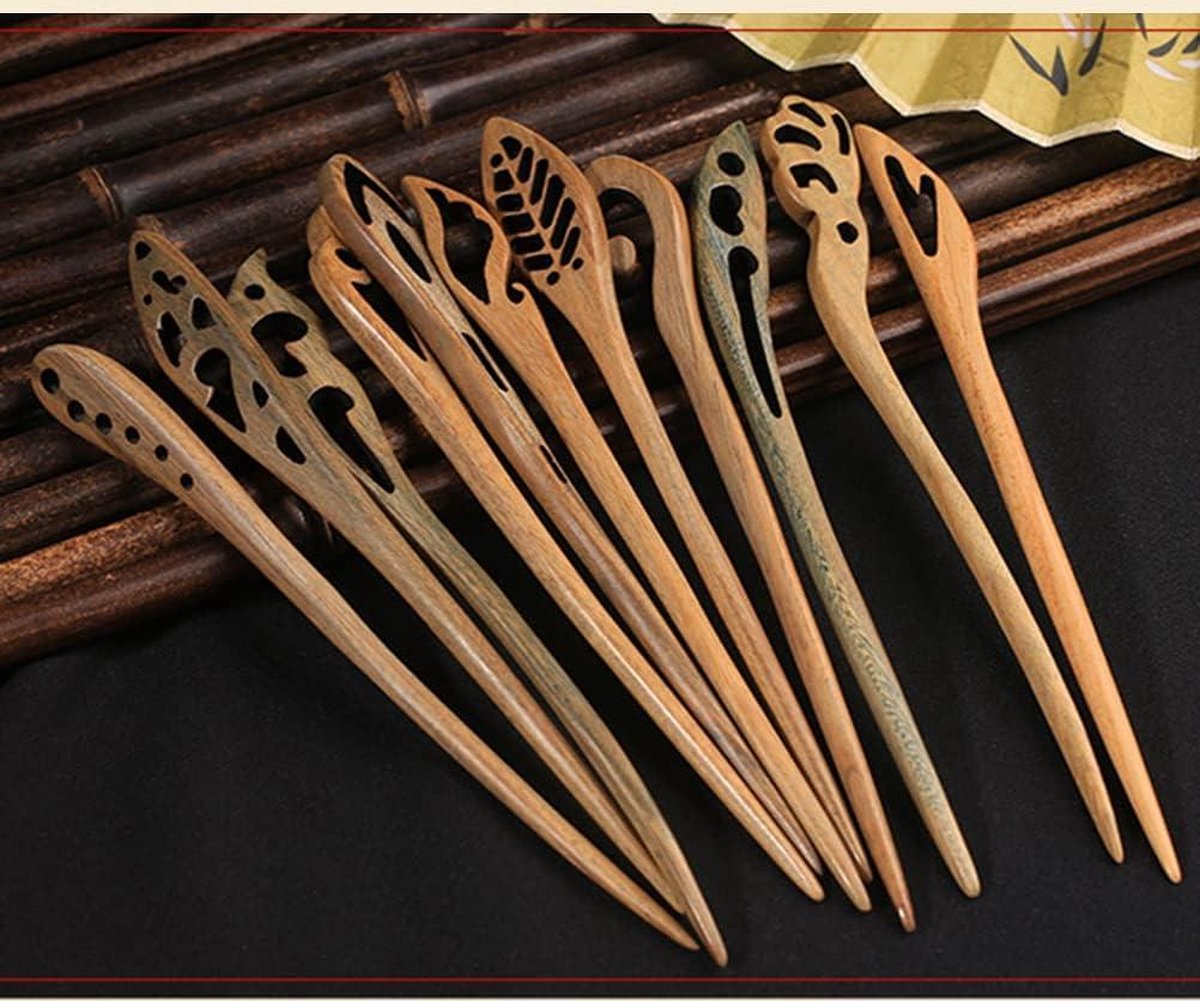 Houten Haarstok Haaraccessoires Set - Lange Haarspelden Hoorn Vork Pin - Chignon Houder - 4 Stuks