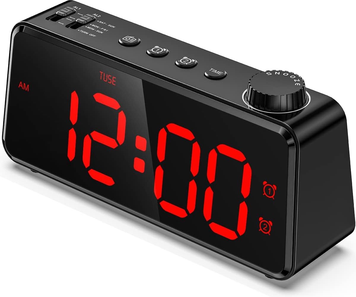Digital alarm clock with radio, dimmable LED display, mains power with battery backup, dual alarm with weekday or weekend, USB charging station, easy-to-read red numbers for seniors
