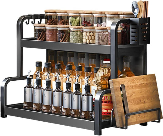 2-Tier Standing Spice Rack - Large Capacity for Spice Jars - Rustproof Countertop Organizer - Storage with Utensil Holder - Cutting Board Holder with 4 Hooks - Black Kitchen Cabinet Organizer