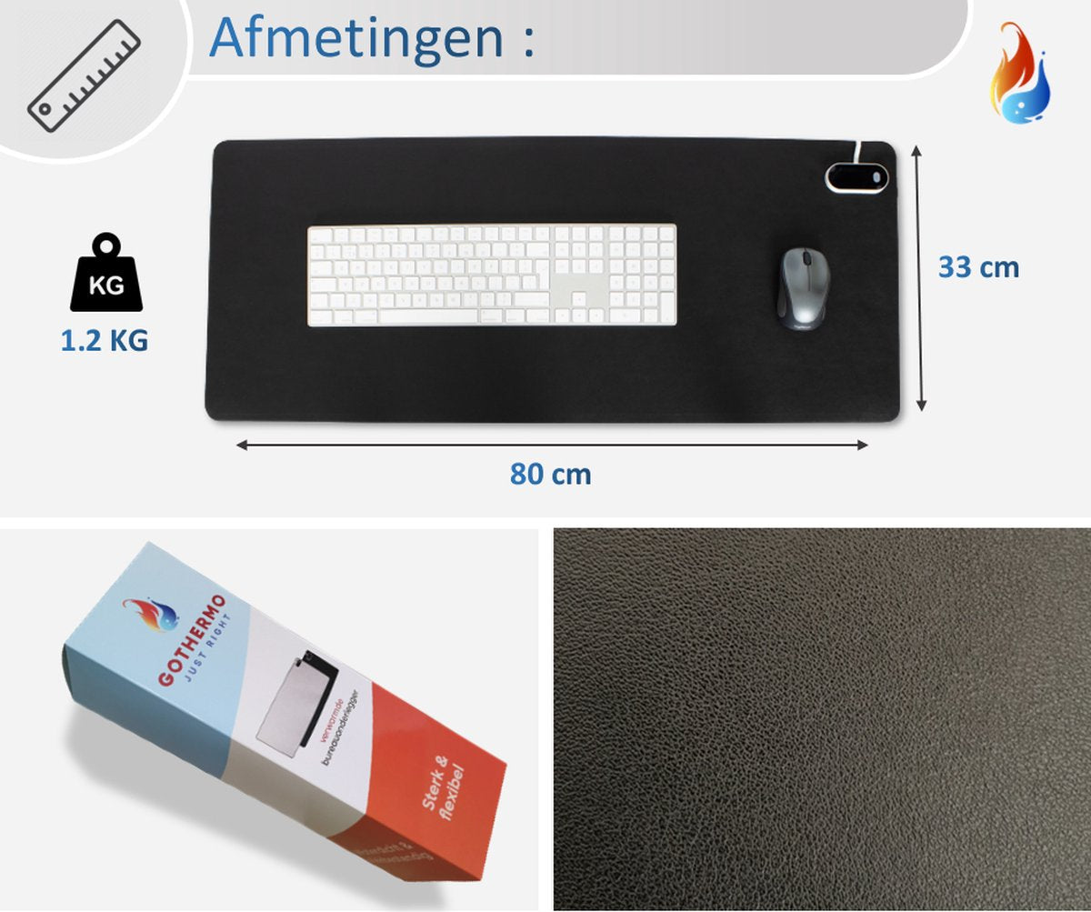 Gothermo® Verwarmde infrarood bureauonderlegger zwart / muismat / bureauverwarming / verwarmingsmat / bureaumat - 80x33cm - touchpad met verstelbare temperaturen - warme handen en voeten