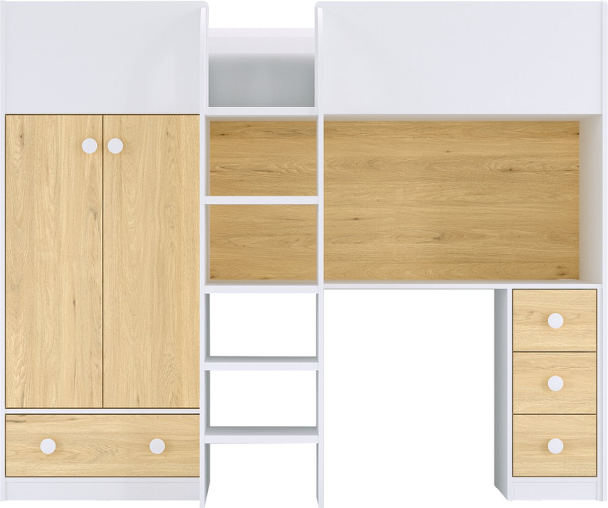 Hoogslaper 90 x 190 cm met kast en bureau - Wit en naturel - CINAMO B 196 cm x H 162.3 cm x D 120.8 cm