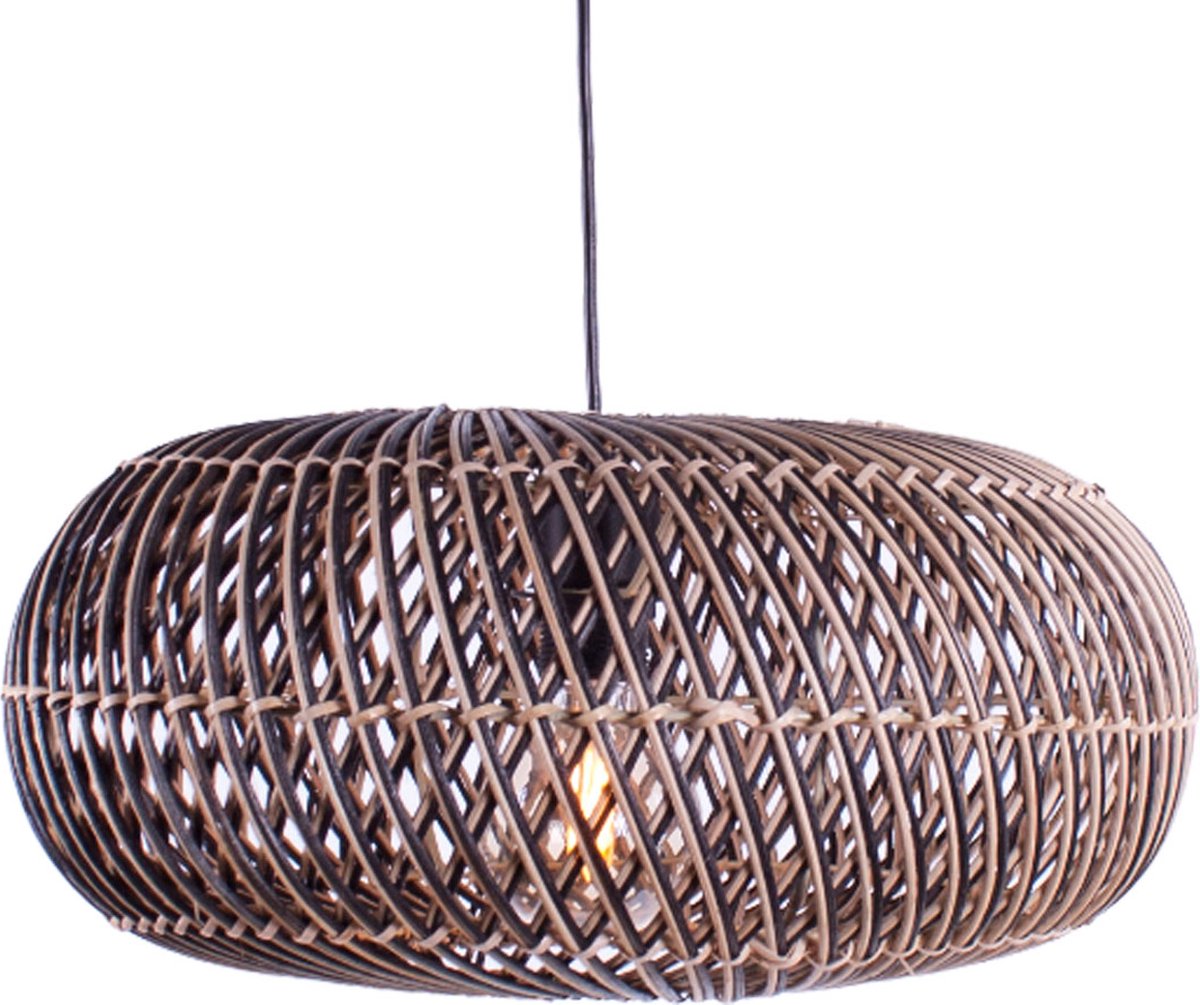 Rattan hanglamp Stripes | 1 lichts | zwart / naturel | rattan / metaal | Ø 40 cm | in hoogte verstelbaar tot 140 cm | eetkamer / eettafel / woonkamer lamp | modern / landelijk design