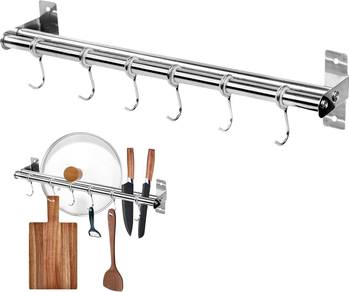 Roestvrijstalen Keukenhaken | Dubbele Stang Ophangrail | 6 Haken | Keukengerei Houder 40 cm - Zonder Boren keukenstang