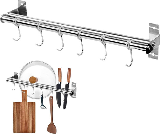 Roestvrijstalen Keukenhaken | Dubbele Stang Ophangrail | 6 Haken | Keukengerei Houder 40 cm - Zonder Boren keukenstang