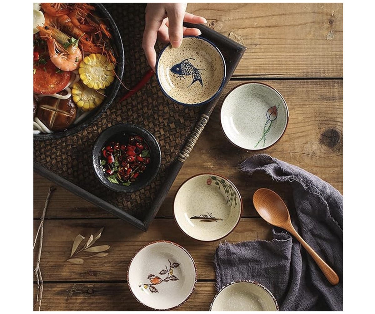 Sojasauskom, Dipkom Keramisch, Tapas Schalen, 6 stuks Mini-schaaltjes Keramisch, Snackkommen set, Sushi Soja Dompelkom, Dip Pinch Bowl Set