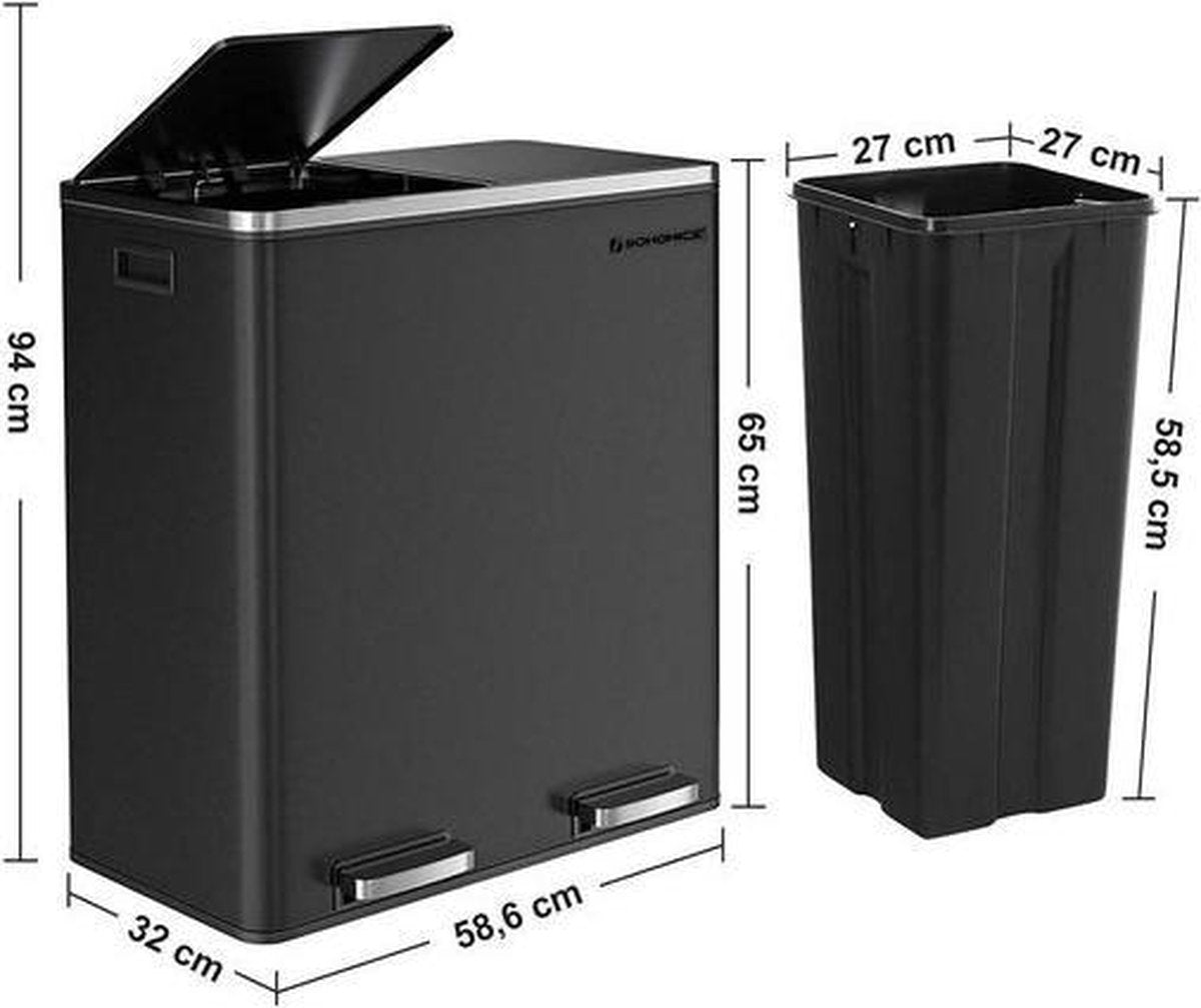 Songmics - Afvalemmer - 60 liter inhoud (2x30) - Met 2 gescheiden bakken - RVS - Zwart