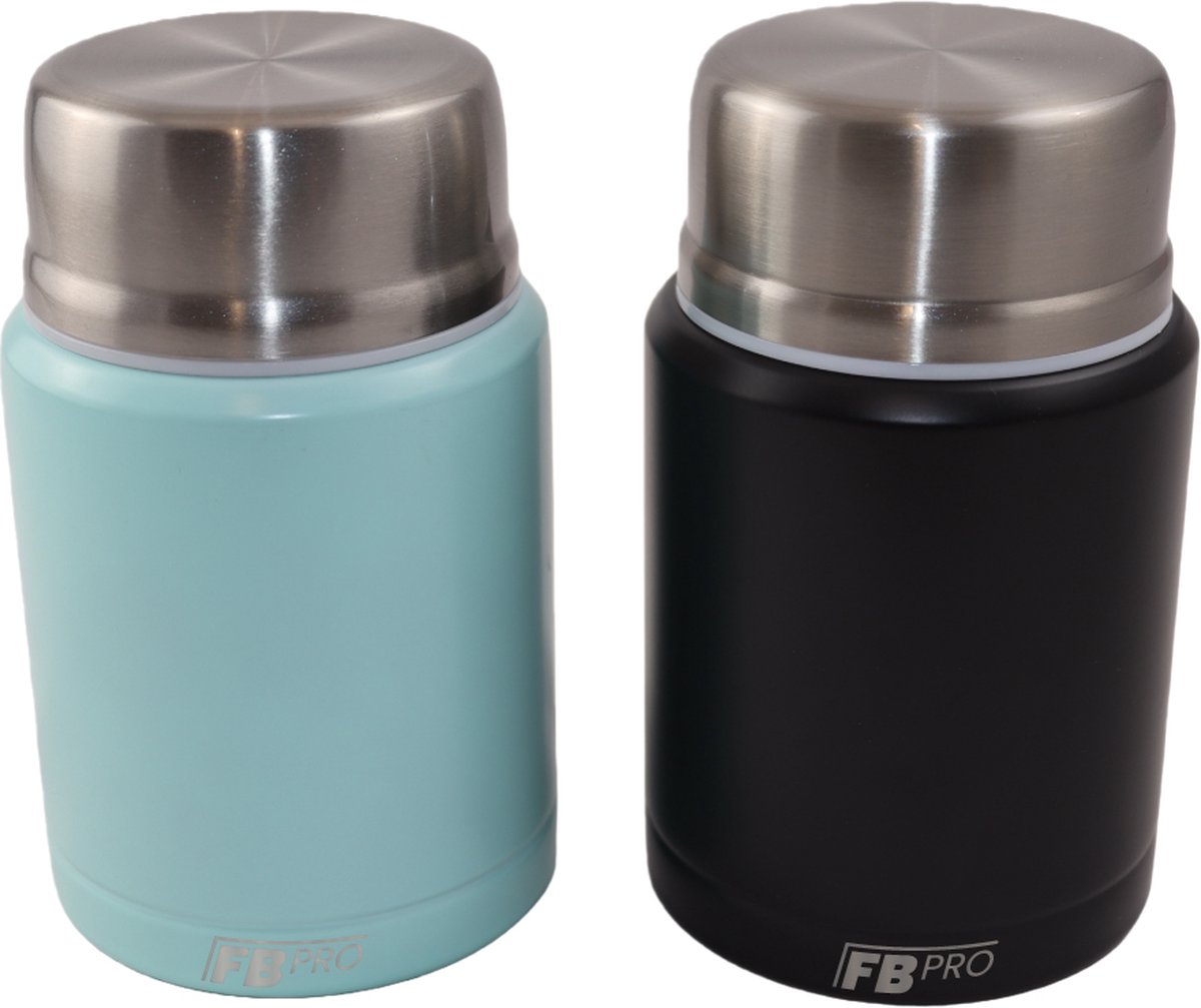 Light Blue & Black Thermos Food Container with Spoon x2 - Thermos Flask - Food container for noodles, soup, oatmeal, ice cream, baby food and more! - Yogurt cup to go - Thermos cup for taking food with you - Light Blue & Black - 450ml