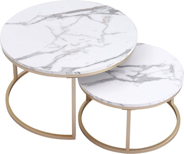 Nique Ronde Salontafels Wit Marmer set van 2 – Bijzettafel Goud – Salontafel Rond MDF Marmerlook Ø80 & Ø60cm