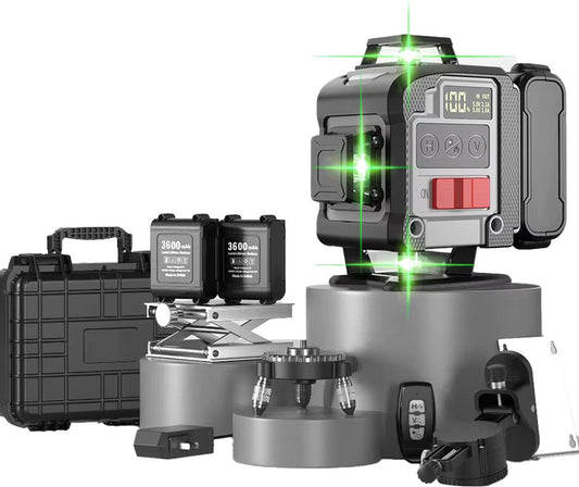 4D Cross-line laser - Incl carry case - 4 to 16 lines - Self-levelling - 50 meters range - With 2 batteries - 360° Switchable horizontal & vertical - Line laser - Cross laser - Construction laser