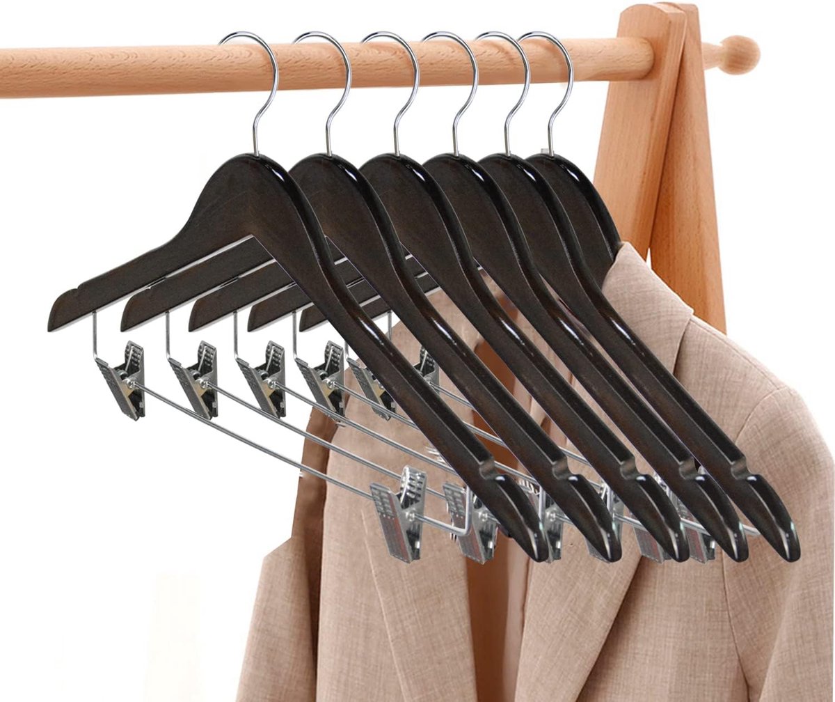 10 stuks 44,5 cm natuurlijke houten kleerhangers met metalen clips, twee inkepingen, 360 graden draaibare haken, kledinghanger, broekhanger, hanger voor broeken, shorts, rok, sokken,