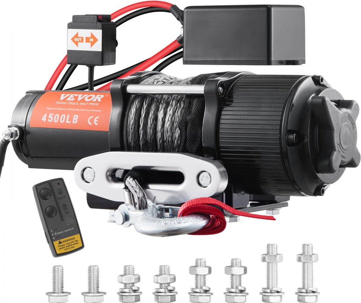 Electric Winch 12V Winch 4500lbs/2041kg Offroad Motor Winch Cable Electric Winch Nylon Rope with Wireless Remote Control Black Ideal for