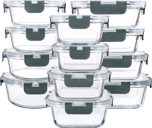 Glass food storage containers, 24 pieces, 12 containers + 12 lids, glass container, transparent lid, BPA-free, for home, kitchen or restaurant